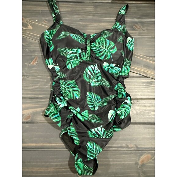 Black & Green Tropical Leaf One-Piece Swimsuit With Ruched Design By Daci - 22W - Picture 1 of 5